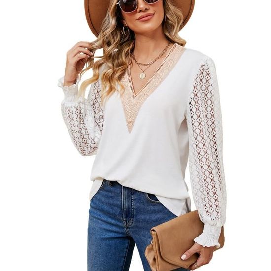 Pull Femme Col V Dentelle - Léger, Doux, Coupe Décontractée - Fentes Latérales - 6