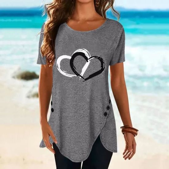 T-shirt long pour femmes - Casual - Plus Size - O-Neck - Manches courtes - Gris