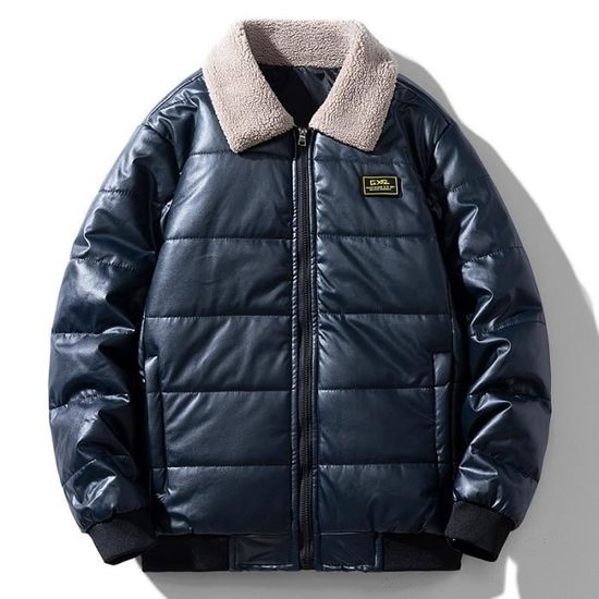 Vestes Pour Hommes Hommes Grande Taille Manteau D'hiver Revers Manches Longues Cuir Rembourré épais Manteau Peau De Mouton, Noir , XL