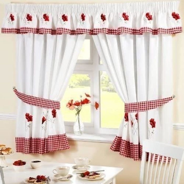 Coquelicot Vichy Cuisine Brodé Rideaux Rouge Blanc W46 - X L42 - Embrasses Incl.