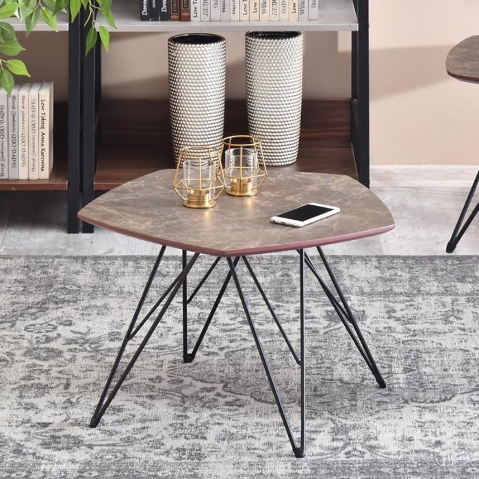 Table basse marbre / Table de salon - PENTA - 57x56 cm - effet marbre brun / noir - forme de pentagone - style industriel