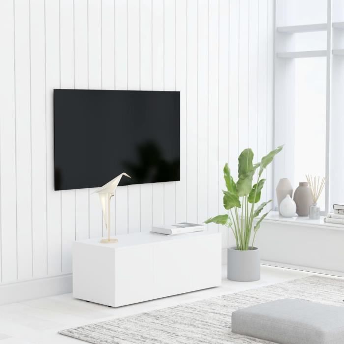 Meuble TV Blanc Aggloméré - Style Contemporain classique - Avec 3 Tiroirs - 80 x 34 x 30 cm