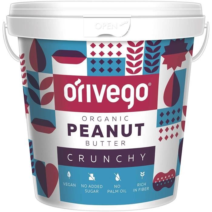 Beurre de Cacahuètes Croquantes Biologique ORIVEGO, 1 kg - 100 % Naturel, Végan, Certifié Organique, Sans Sucre