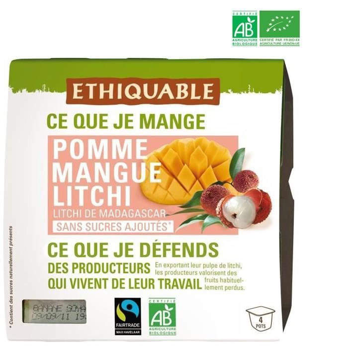ETHIQUABLE Compote Pomme Mangue Litchi Bio - 4 x 100g