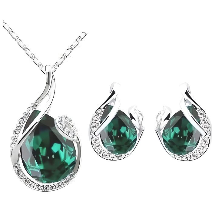 Parure Bijoux Goutte Cristal Swarovski Elements Vert Plaqué Or Blanc 750