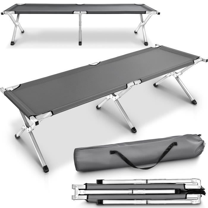 TRESKO XXL lit de camp pliable pour camping GRIS 190 x 64 x 44 cm tubes métalliques - charge maximal 150kg