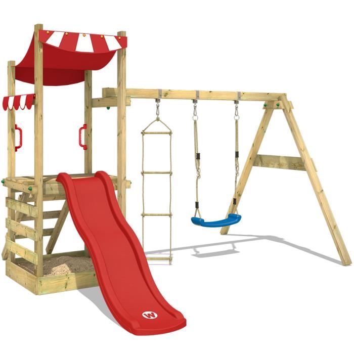 Aire de jeux WICKEY FunFlyer Portique en bois Tour d´escalade avec balançoire, toboggan et bac à sable