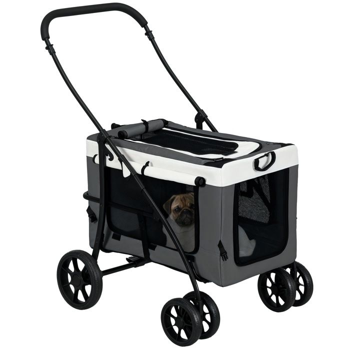 Poussette animaux chien chat - PawHut - pliable - nacelle amovible bandoulières 4 roues - tissu 600D Oxford 81 x 58 x 97 5 cm gris Poussette animaux chien chat - PawHut - pliable - nacelle amovible bandoulières 4 roues - tissu 600D Oxford 81 x 58 x 97 5 cm gris