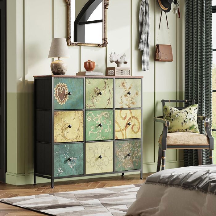 Commode - Meuble de Rangement - 9 Tiroirs avec Poignées - Cadre en Bois - Motif Rétro - Grande Tour de Rangement et Dessus en Bois