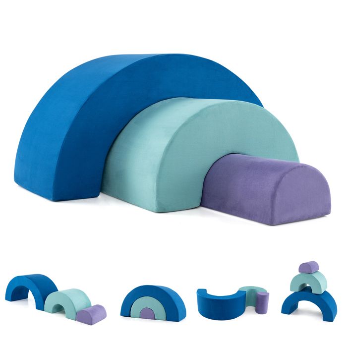 COSTWAY 3 PCS Parcours Motricité Bébéavec Housse en Faux Suède Jouets Éducatifs Montessori pour Ramper Grimper 18 Mois+ Bleu