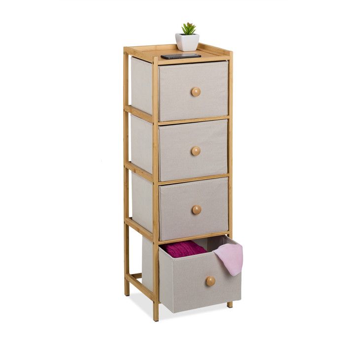 Relaxdays Commode étroite HLP : 94 x 31 x 30 cm 4 tiroirs en tissu chambre salon bambou & tissu beige/nature