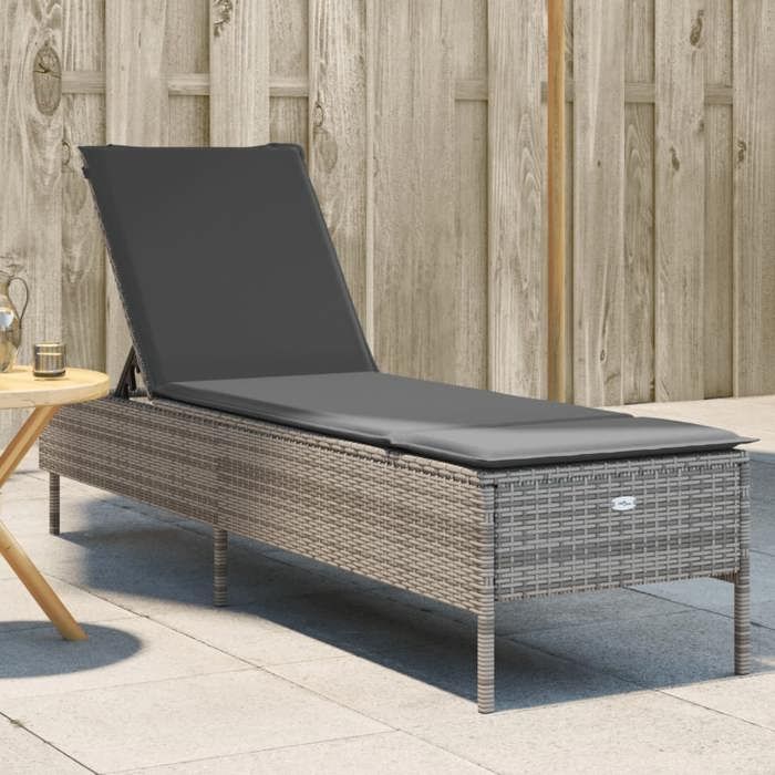 24369& Bains de soleil avec coussin gris résine tressée - L198 x P55 x H97 cm - tissu 100 % polyester