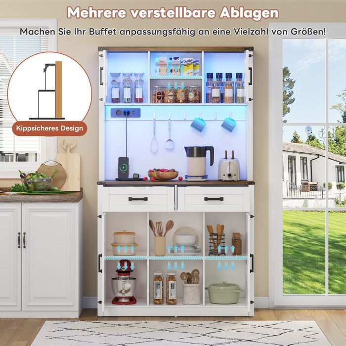 Armoire de bar avec éclairage LED et prisesgrand armoire buffet de cuisine avec 2 grands tiroirsconception de porte grangeblanc