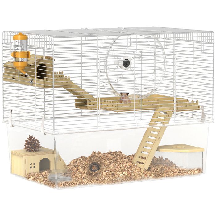 Meilleurs prix pour Cage à hamster - PawHut - à 3 niveaux - avec roue dexercice plateau transparent cabanes rampes - 59 x 355 x 47 cm - blanc