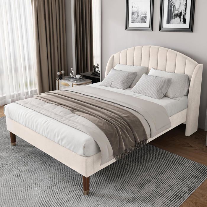 Lit rembourré 140x190 avec sommier à lattes et tête de lit lit jeune - lit simple support lattes bois velours beige