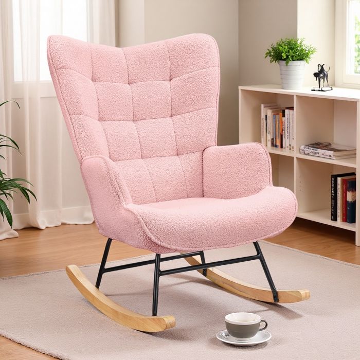 Fauteuil à Bascule ADWOLT rocking chair Velours Teddy Fauteuil de Relaxation Bois et Cadre en Métal chaise a bascule Rose