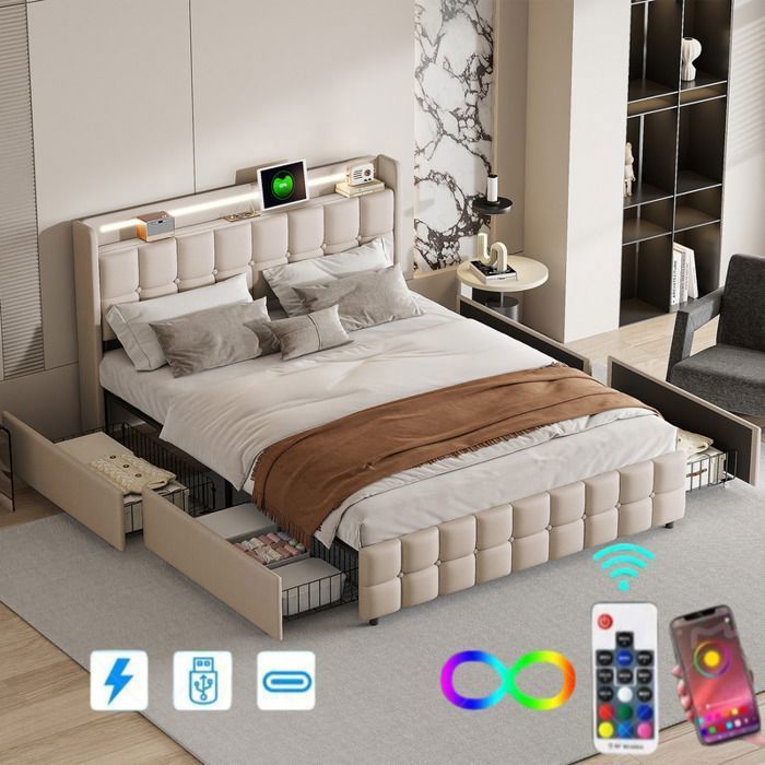 ADWOLT Lit double 160x200 cm avec LED et 4 tiroirs USB lit adulte 160x200 cm avec sommier à lattes tissu en lin beige