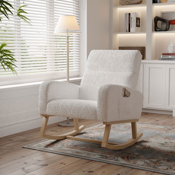 Fauteuil à BasculeChaise a Bascule AllaitementRocking ChairPieds en Bois MassifVelours TeddyStyle Scandinave Blanc