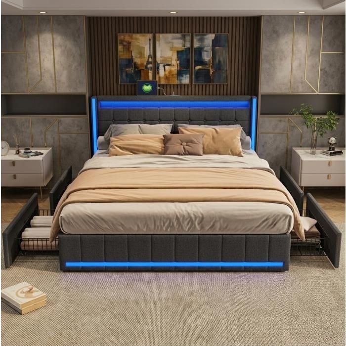 Structure de lit - SUNFECILI - 180x200 cm - 4 tiroirs - USB - LED - Gris foncé