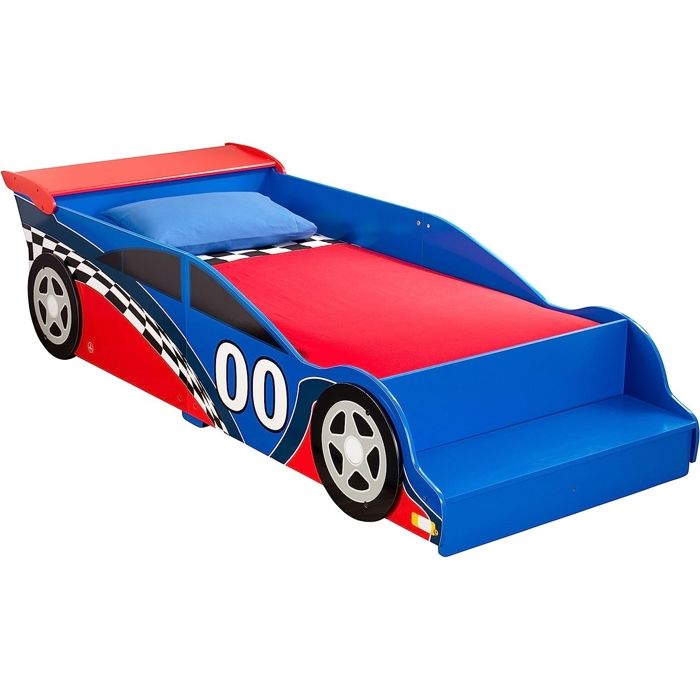 Lit enfant voiture - RACE - Bois avec barrière - Marche intégrée - Sommier inclus 130x70 cm