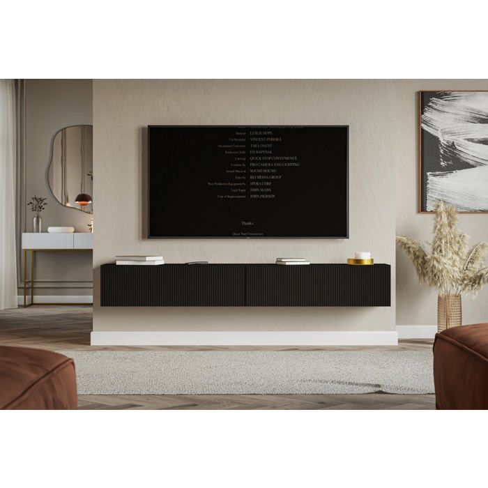 Meuble TV mural avec façades à lamelles rainurées – VELDIO – 200 cm – noir