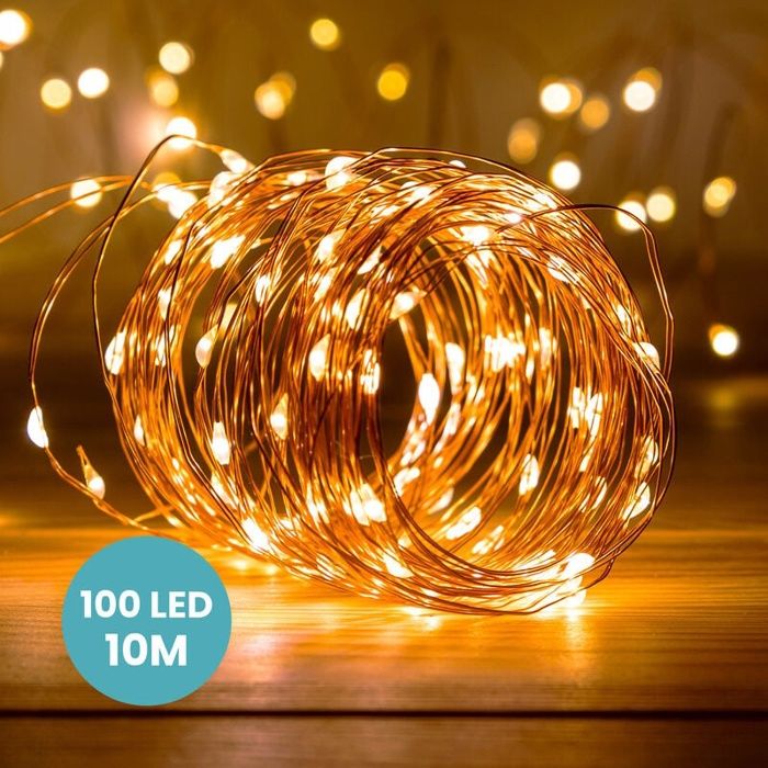 Guirlande lumineuse LED fil cuivre 10 m - 100 micro LED blanc chaud à piles intérieur