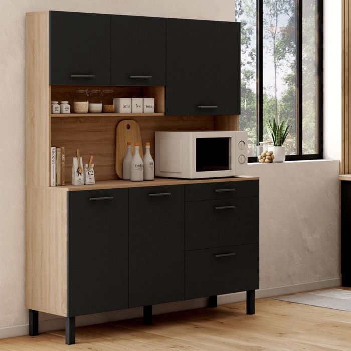 IDMARKET Buffet casserolier de cuisine 140 cm CINA 5 portes + 3 tiroirs façon hêtre et noir IDMARKET Buffet casserolier de cuisine 140 cm CINA 5 portes + 3 tiroirs façon hêtre et noir