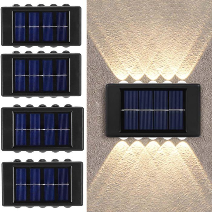 Lot de 4 appliques solaires murales dextérieur 10 LED étanches éclairage vers le haut et vers le bas blanc chaud.