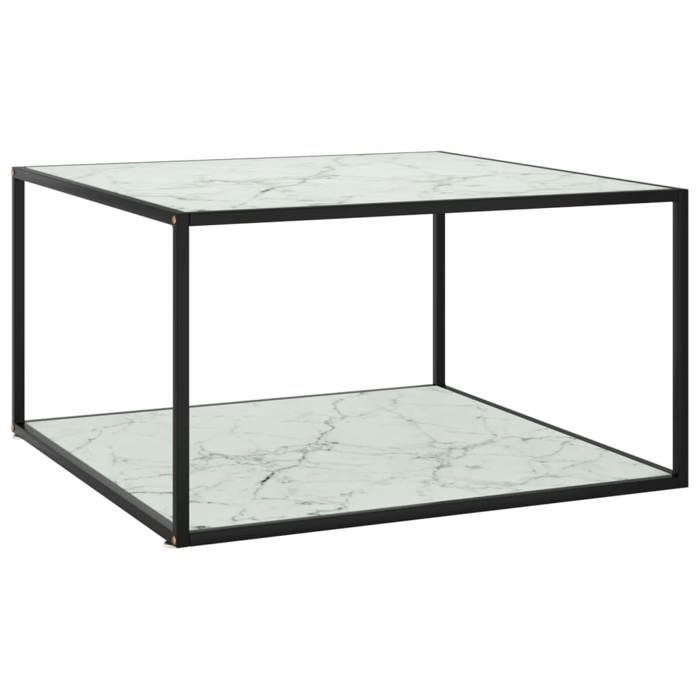 Table basse en verre marbre blanc - Happiness - 90x90x50 cm - Noir et blanc - Verre trempé - Acier enduit de poudre