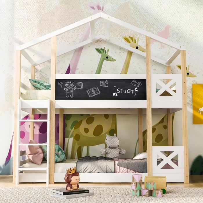 Lit Superposé cabane 90x200 cm - Lit superposer enfants 2 places - Barrières et Echelle - Sommier include - Naturel et Blanc