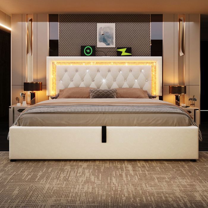 Lit coffre 160x200cm avec LED Lit capitonné avec USB Type-CLit double avec rangement hydraulique， Sommier à lattes veloursbeige