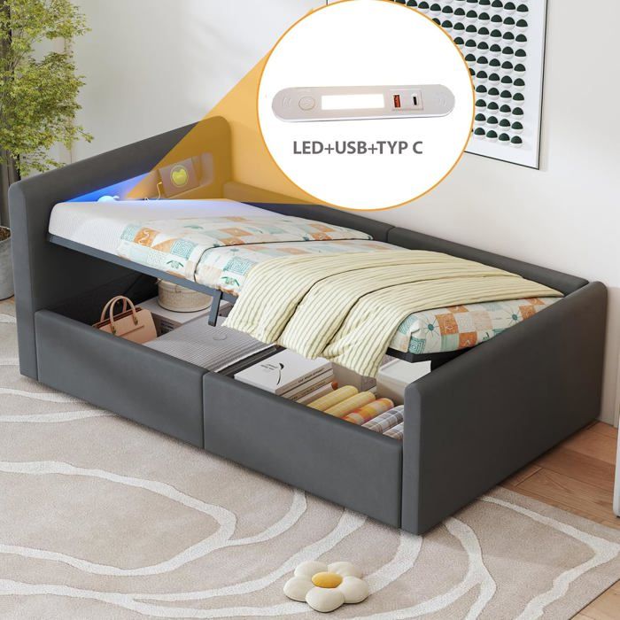 Lit rembourré 90 x 200 cm avec lumière LED port de charge USB espace de rangement hydraulique étagère lit simple Gris Foncé