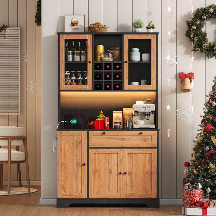 Buffet de cuisine 180x105x40 cm avec LED prise AC/USB étagères réglables verre trempé noir et bois