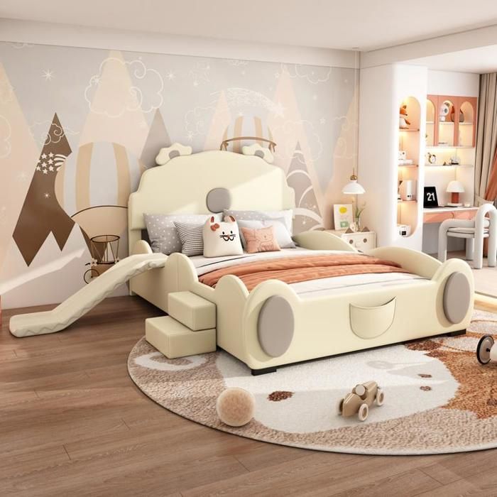 Lit double 140×200 cm avec équipé dun toboggan et dune échelle Lit enfant en forme dours Cadre de lit 2 personnes en beige