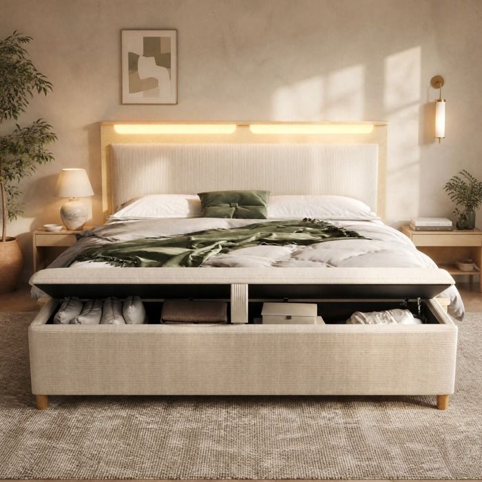 Lit Double 160×200 cm avec tête de lit LED rangements intégrés et banc de lit coffre - BEAUNIV - sans matelas beige