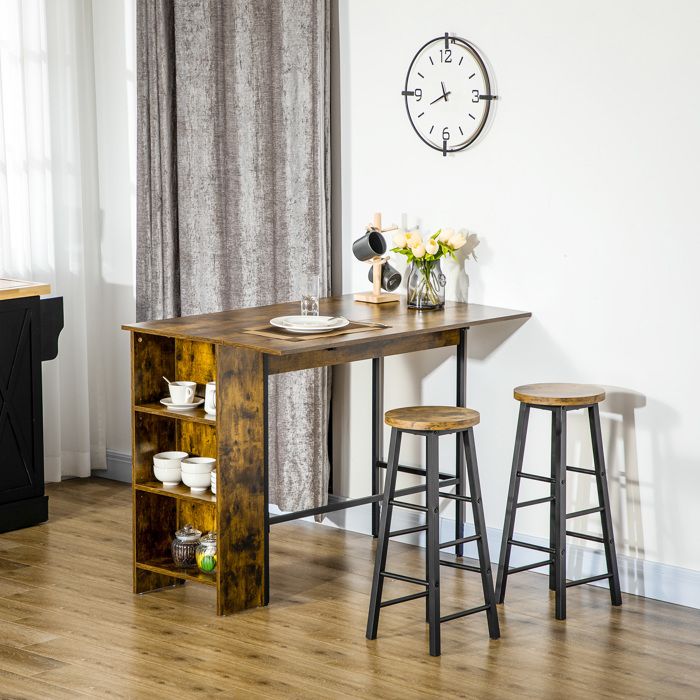 MOTHINESSTO2364-Ilot centra table de bar plateau latéral rabattable et 3 étagères 120 x 76 x 91 4 cm Brun Rustique