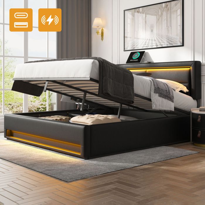 Lit capitonné 140x190 - PU lychee noir - Ports USB & recharge sans fil - LED réglable 12 couleurs - Rangement intégré