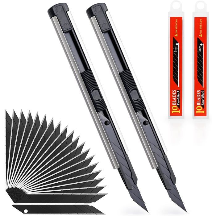 Lot de 2 Cutters - 20 Lames 9 mm à 30° avec Chariot Aluminium - Système de Blocage Sécurité