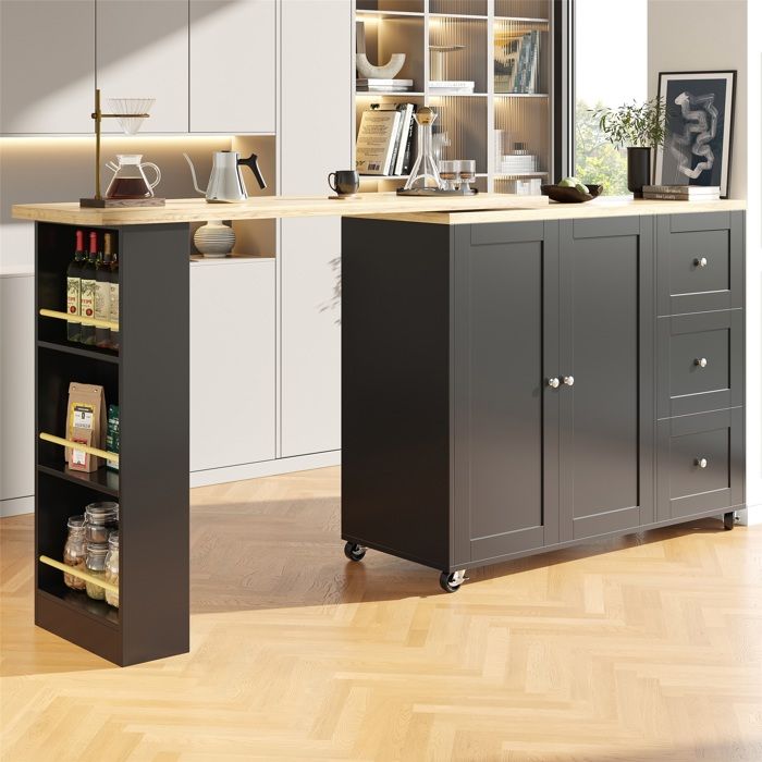 Table haute tournante 360° 135 cm sur roulettes noir – 3 tiroirs – Îlot de rangement multifonction pour cuisine et salon Table haute tournante 360° 135 cm sur roulettes noir – 3 tiroirs – Îlot de rangement multifonction pour cuisine et salon