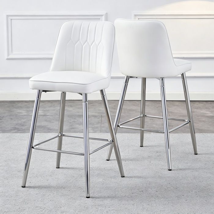 Lot de 2 Tabourets de Bar - BELLEMAVE - Cuir PU - Pieds Métalliques - Chaise de Cuisine - Hauteur 100 cm - Blanc et Argent