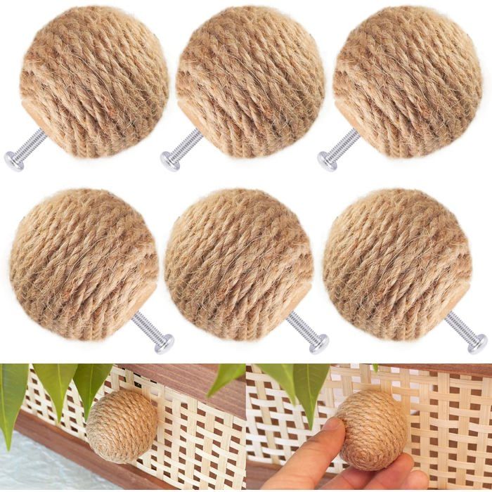 Lot de 6 Poignées de Tiroir Nautiques en Corde de Jute-Décoration Bohème-Boutons de Meuble et Porte-Poignées en Bois pour Commode