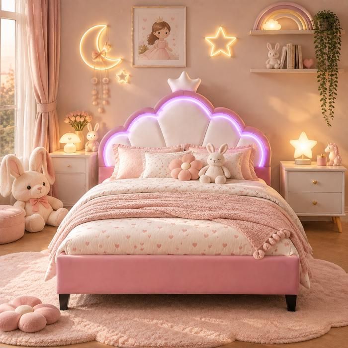 Lit Princesse 140x190cm Enfant Rose avec Sommier Lit enfant fille avec LED Tête de Lit Couronne Pieds de lit 15 cm Velours