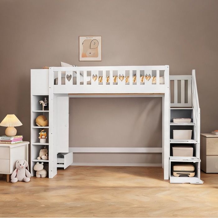 Lit mezzanine enfant 90x200 cm avec rangement intégré et échelle gain de place finition blanc et pin naturel