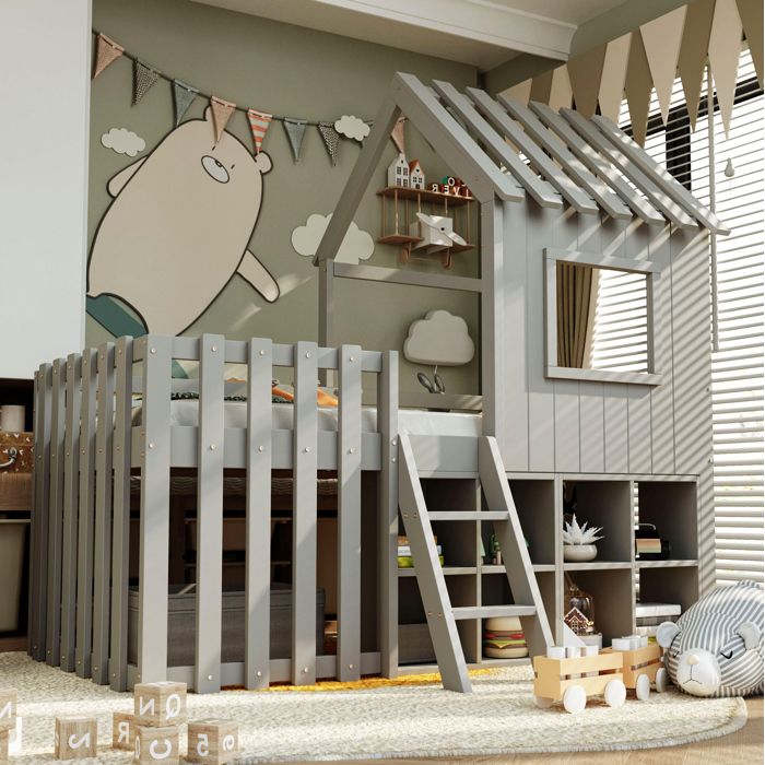 Lit mezzanine enfant cabane 90 x 200 cm EVRYAE avec échelle et rangement ouvert sous lit bois massif gris