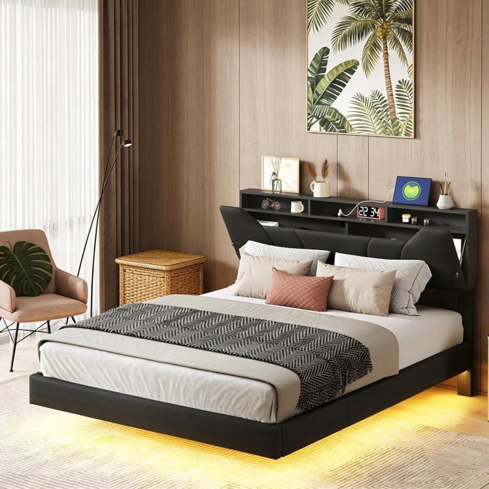 Lit capitonné 160x200 coffre rembourré LED & USB adulte double rangement éclairage cadre sommier sans matelas
