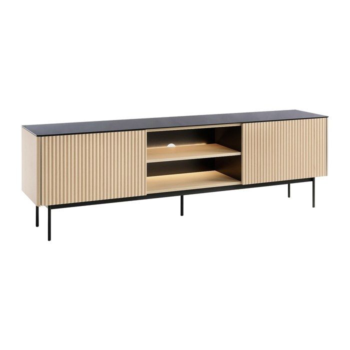 Meuble TV 2 portes et 2 niches avec LEDs en MDF et verre fumé - Naturel clair et Noir - SAYERA