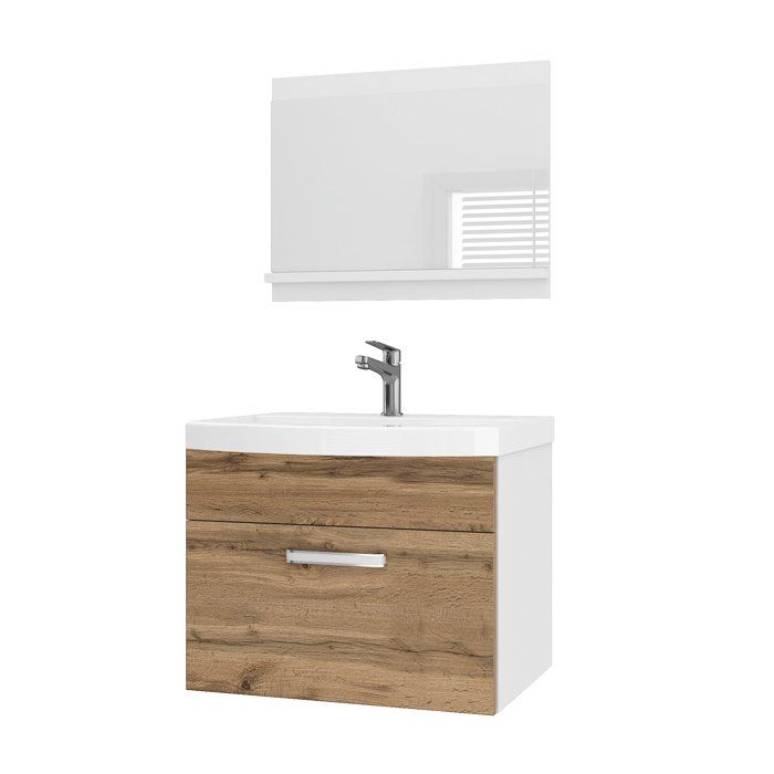 BELINI Meuble de Salle de Bain PRI M1 60 cm - Brun Doré Mat - Meuble avec Vasque Céramique + Miroir avec Étagère - Suspendu