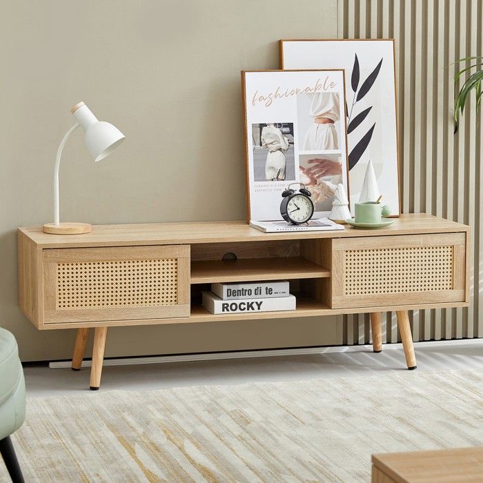 Meuble TV osier 2 portes coulissantes étagères réglables rangement pieds bois massif aspect naturel 140x40x46.5cm salon