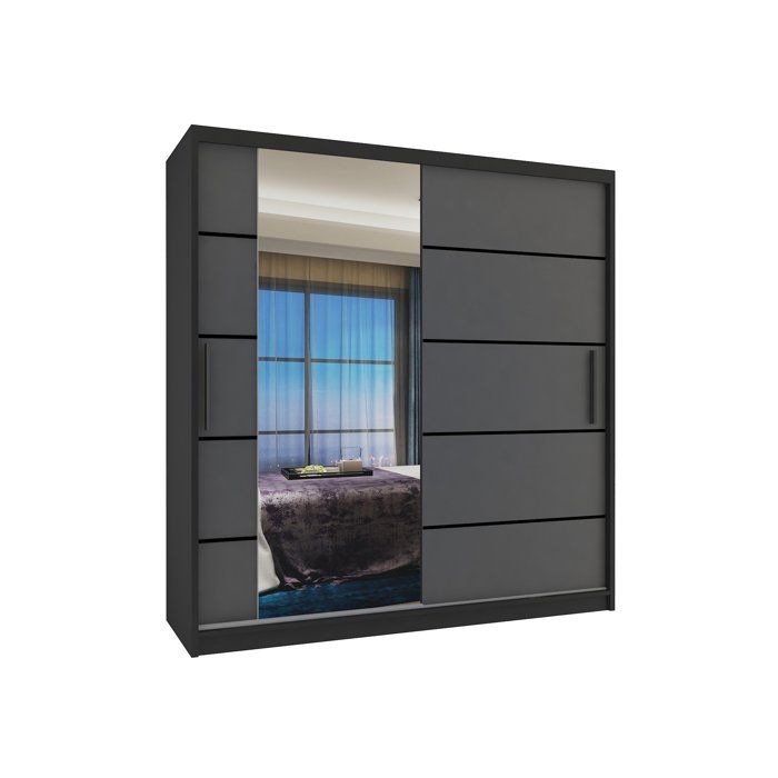 BELINI Grande Armoire 2 Portes Coulissantes VERONA MBP 158 cm - Noir / Gris Mat - Miroir Intégré & 2 Tiroirs - Chambre Adulte