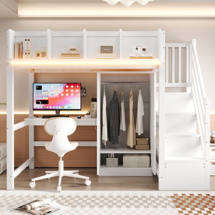 Lit superposé multifonction - Dimensions 90x200 cm - Bureau intégré avec prises - Armoire avec tringle et étagères